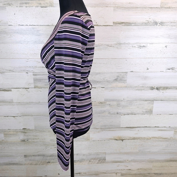 Y2K My Michelle Striped Wrap Top Long Sleeve V-Neck Retro Stretch Blouse Large - Picture 4 of 14
